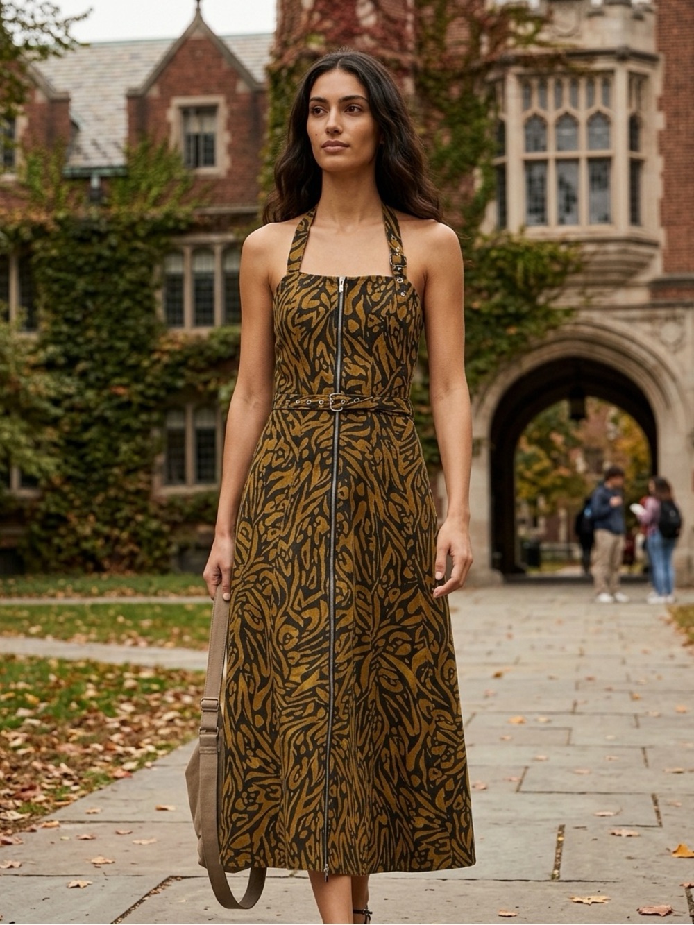 NICHOLAS Olive and Black Printed Halter Midi Dress